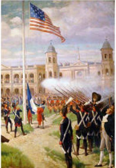 The painting shows the first raising of the US flag in New Orleans in 1804.

The painting depicts