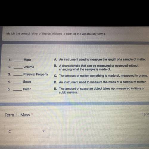 I need help matching the correct letter with each definition of the vocabulary terms