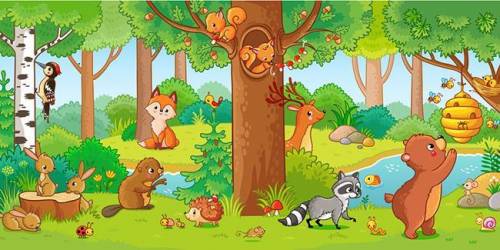 In this image, what represents space?

Cartoon animals in a forest.
the blue sky at the back
the w