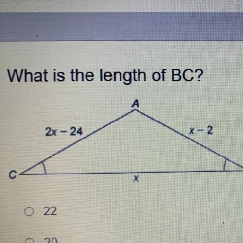 What is the length of BC?
А.22
B.24
C.20
D.18
