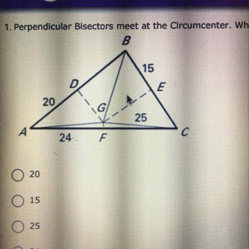 50 POINTSPerpendicular Bisectors meet at the Circumcenter. What is the measure of BD?

20
15
2