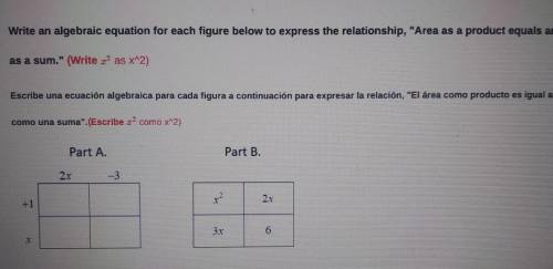 Write an algebraic equation for each figure below to express the relationship, Area as a product
