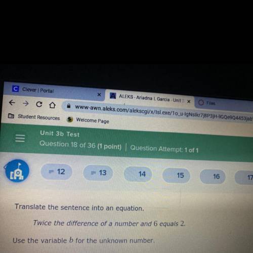 Translate the sentence into an equation.

Twice the difference of a number and 6 equals 2.
Use the
