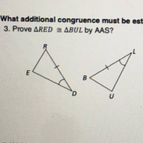 What additional congruence must be established to prove the triangle are congruent:

3. Prove ^RED
