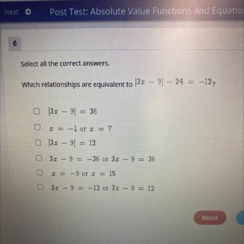 Which relationships are equivalent to |3x – 9| – 24 = –12?