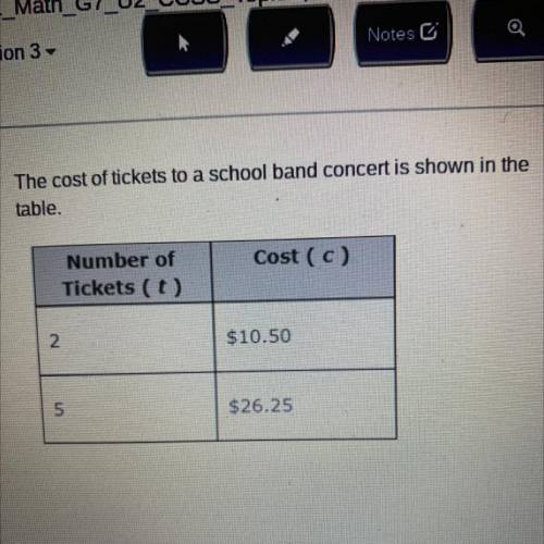 Which equation models the cost of the tickets?

A) c=5.25t
B) c=15.75t
C) c=10.50t
D) c=26.25t