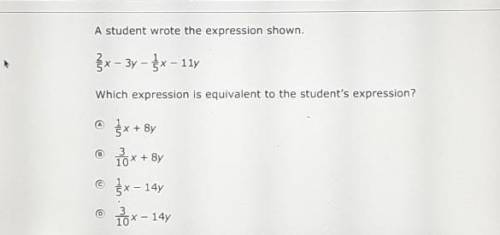 What is equivalent to 2/5x - 3y - 1/5x -11y