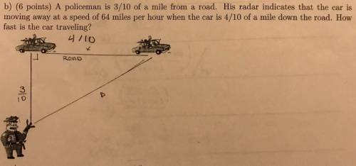 A policeman is 3/10 of a mile from a road. His radar indicates that the car is moving away at a spe