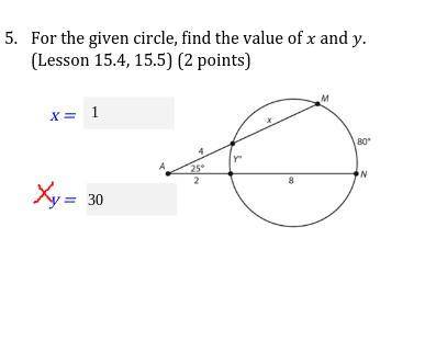 For the given circle, find the value of x and y.