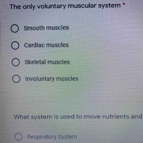 The only voluntary muscular system

Smooth muscles
O Cardiac muscles
O skeletal muscles
Involuntar