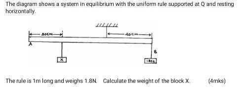 The diagram shows a system

equilibrium with the uniform rulesupported at a and restinghorizontall