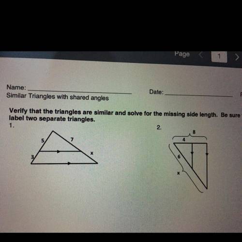 PLEASE HELP ASAP!!

Verify that the triangles are similar and solve for the missing side length. B