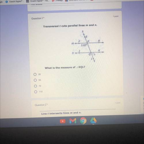 Transversal t cuts parallel lines m and n what is the measure of angle