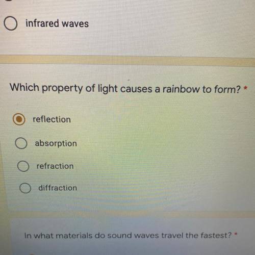 Which property of light causes a rainbow to form
