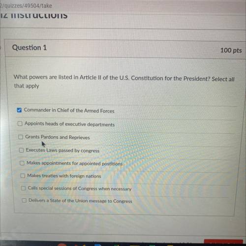 What powers are listed in article || of the u.s constitution for the president? Select all that app