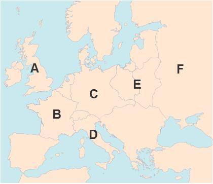 PLEASE HURRY

A map of Europe with letters over different countries. A, an island west of Europe.