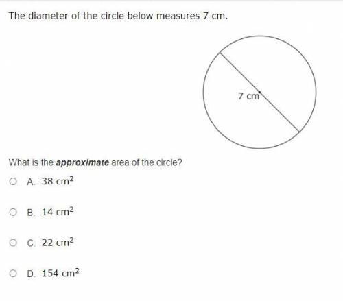 The diameter of the circle below measures 7 cm. What is the approximate area of the circle?

THE B