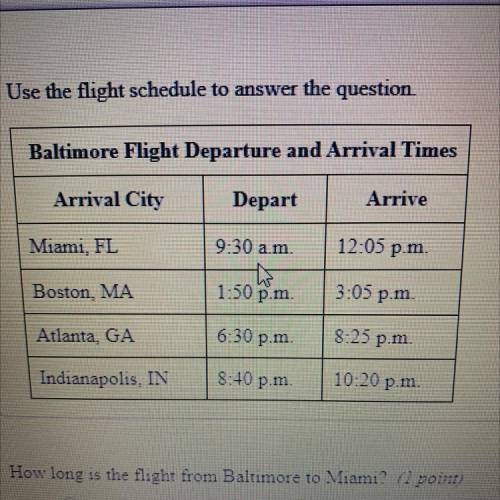 HELP ASPCA PLZ

How long is the flight from Baltimore to Miami?
2 hours 25 minutes
O 2 hours 35 mi