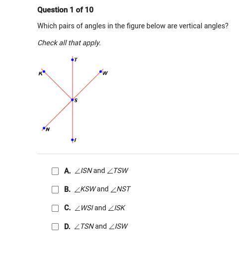 WHICH PAIRS OF ANGLES IN THE FIGURE BELOW ARE VERTICAL ANGLES?
