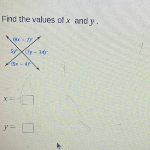 Find the values of x and y.
(8x + 7)
5y (7y - 34)
(9x - 4)
X=
y=