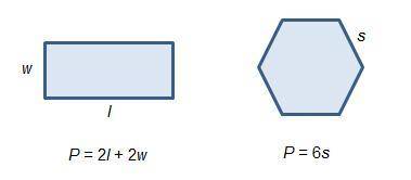 A regular hexagon and a rectangle have the same perimeter, P. A side of the hexagon is 4 less than