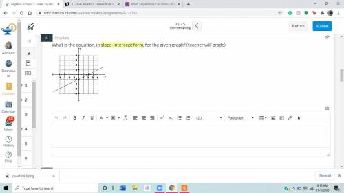 I'll give thing
What is the equation, in slope-intercept form, for the given graph?