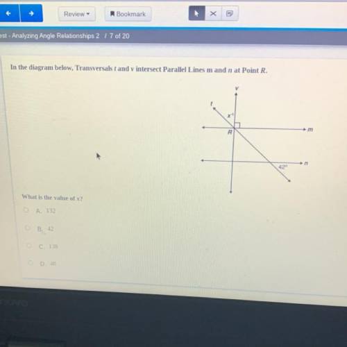 In the diagram below, Transversals tand v intersect Parallel Lines

and n at Point R.
What is the