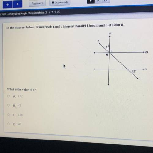In the diagram below, Transversals tand v intersect Parallel Lines m and n at Point R.

What is th