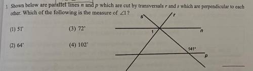 Shown below are parallel lines n and p which are cut by transversals r and s which are perpendicula