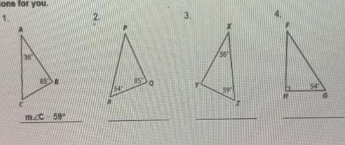 Find the missing angle measure in each triangle.The first one is done for you.