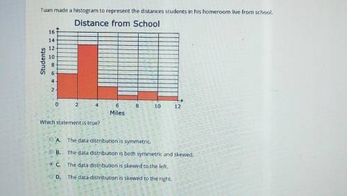 fastttt 30 points Select the correct answer. Tuan made a histogram to represent the distances stude