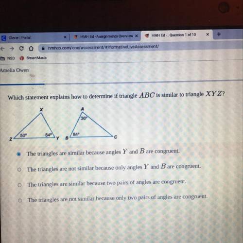 Which statement explains how to determine if triangle ABC is similar to triangle XYZ?