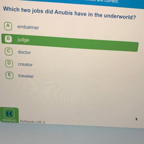 Ale correct.

Which two jobs did Anubis have in the underworld?
A
embalmer
B
judge
C
doctor
D
crea