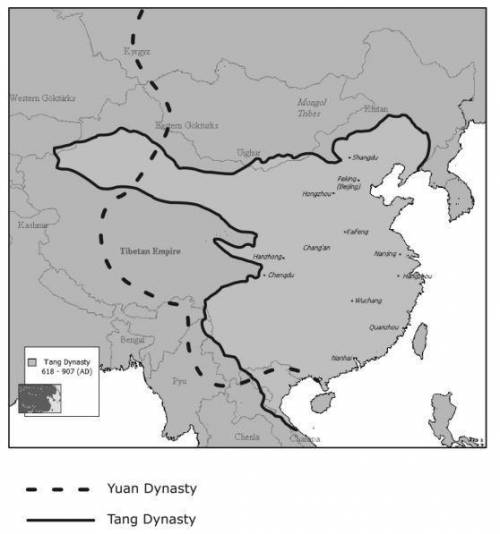 This map shows both the Tang (618–907 AD) and Yuan (1271–1368 AD) ancient Chinese dynasties.

Whic