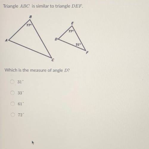 Which is the measure of angle D?