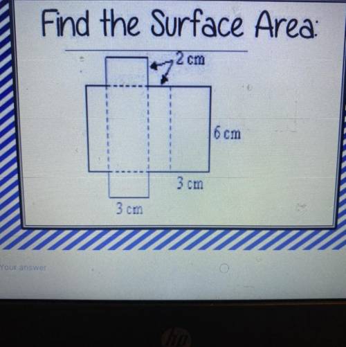 Find the Surface Area:
Of the picture below 
6cm
3 cm
3 cm
2 cm