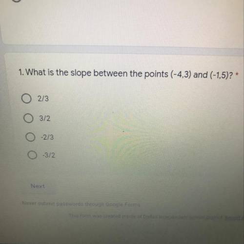 NEED HELP ASAP‼️‼️‼️‼️‼️‼️‼️‼️‼️What is the slope between the points (-4,3) and (-1,5)?