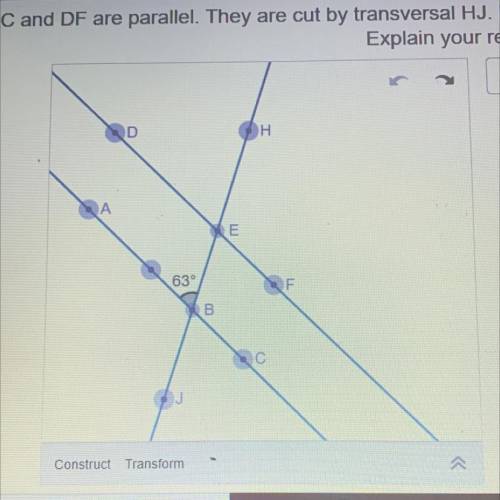 Lines AC and DF are parallel. They are cut by transversal HJ. Find the seven unknown angle measures