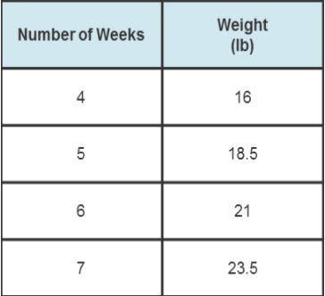 The table displays the weight progress of a puppy at the end of week 4. If the relationship between