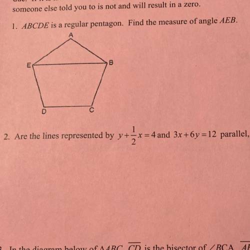 Question one 1: ABCDE is regular Pentagon find the measure of angle AEB?