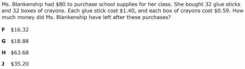 Find the total cost of the glue sticks then the cost of the crayons. Find the total then subtract i