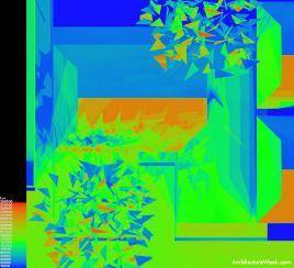 This is a false color rendering of cumulative irradiance for December 21 on the roof of a proposed