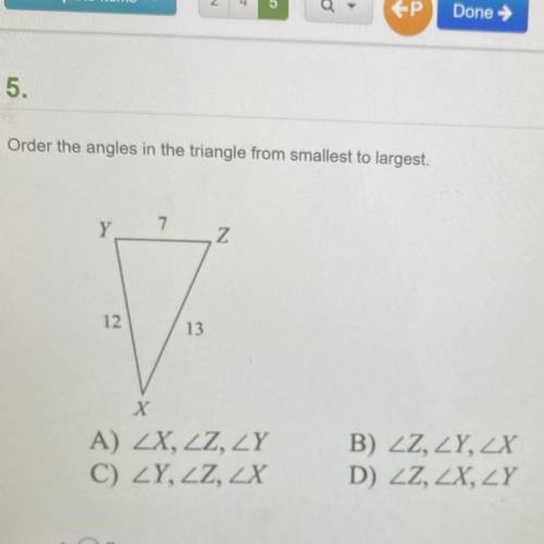 Order the angles in the triangle from smallest to largest