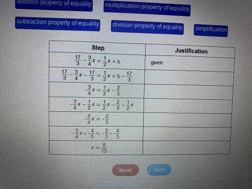 Choose the justification for each step in the solution to the given equation