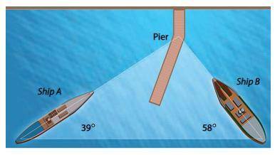 A sailor on Ship A measures the angle between Ship B and the pier and finds it to be 39°. A sailor