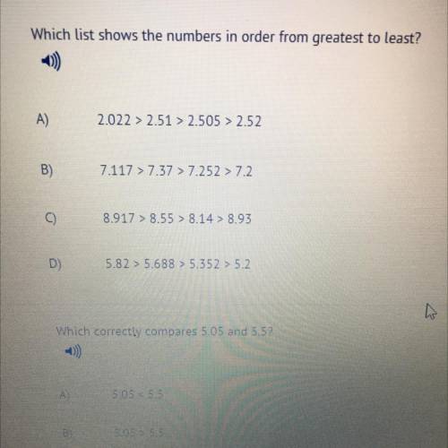 Which list shows the number in order from greatest to least? Help asap