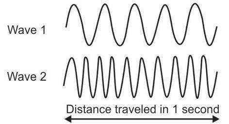 The diagram below shows the distance traveled by two light waves in 1 second.

Based on the diagra