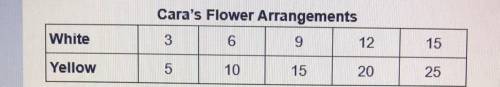 Are the numbers of white and yellow flowers in Cara's arrangements proportional?

Which equation r
