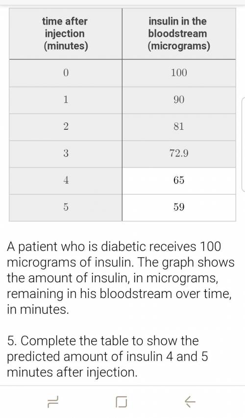 Help mewrite the exact amount of insulin left after 4 minutes and 5 minutes