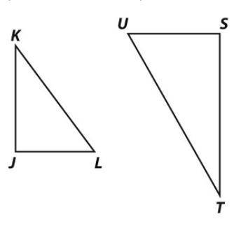Two triangular pieces of artwork are similar figures. Which angle of

triangle JKL corresponds to